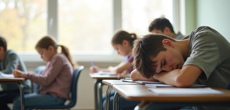 Student rests head on desk in classroom. Exhausted pupil appears unwell or sleeping during lesson. Other students study or write in background. Academic stress, fatigue concept.