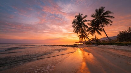 Tropical beach scene at sunset, with palm trees silhouetted against colorful sky