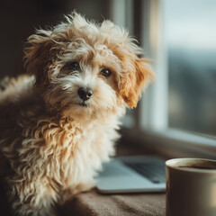 Small Dog Gazing Out with Work-from-Home Setup