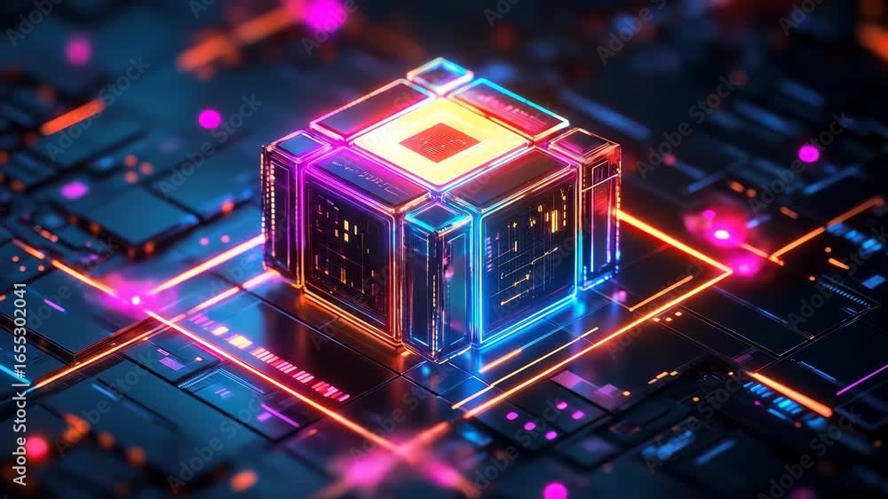 Poster futuristic cpu cube on circuit board