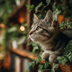 Kitten Sniffing a Leaf on a Plant Shelf