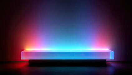 A translucent rectangular platform illuminated from below by vibrant red and blue neon lights against a dark background