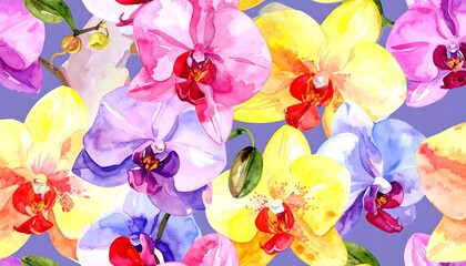 A vibrant pattern of watercolor orchids in a spectrum of colors, showcasing detailed flower petals and vibrant hues against a delicate lavender background.
