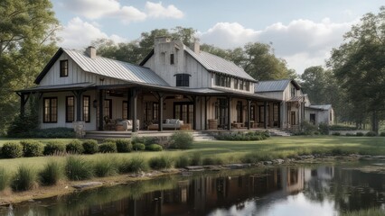 Obraz premium Countryside farmhouse by a pond