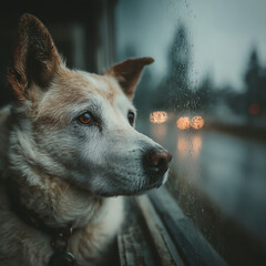 Dog Gazing Through Fogged Window