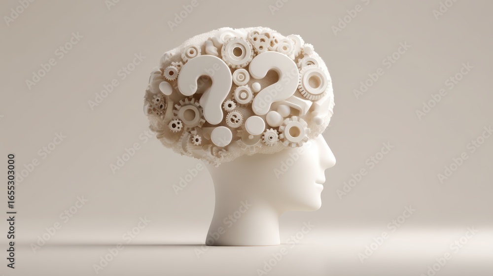 Poster insomnia and sleep disorder concept, conceptual head with gears and question marks representing thou