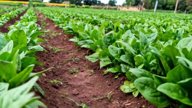 Field of Green Spinach Plants in Neat Rows on a Farm with Rich Brown Soil Under Natural Lighting