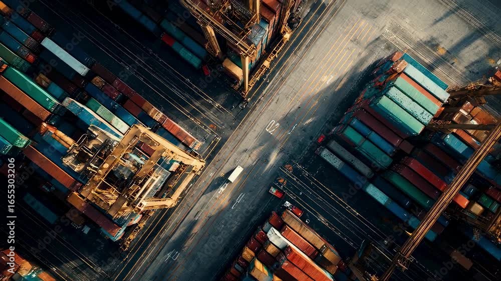 Poster an overhead perspective of a drone inspecting containers showing the intricate patterns of container