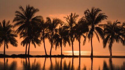Obraz premium Silhouetted palm trees along a tranquil shoreline, reflecting a fiery sunset over calm water