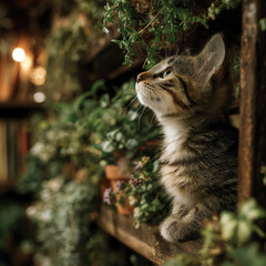 Kitten Sniffing a Leaf on a Plant Shelf
