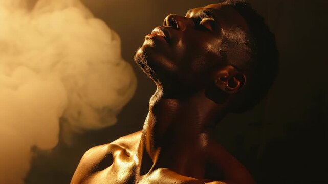 A sweaty athlete in a post-workout pose, highlighting the physical exertion of his training.