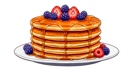 Stacked Pancakes with Syrup and Berries Illustration