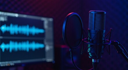 Studio microphone recording audio with equalizer waveforms displayed on a screen, illuminated with neon blue and purple lighting.