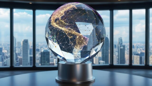 Crystal globe of Earth, city view