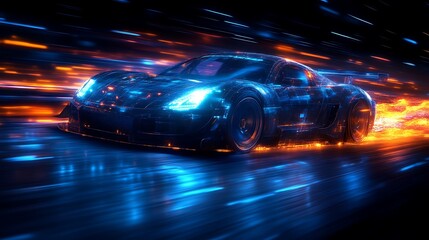 Futuristic sports car in motion, highlighted by vibrant light trails.