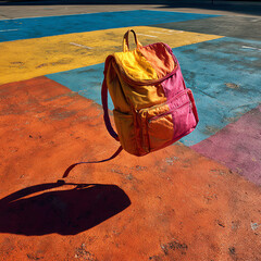 Playful Backpack Toss on Colorful Schoolyard