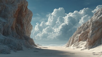 Dramatic coastal scenery with towering clouds and rocky formations