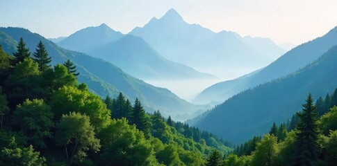 Serene mountain landscape perfect for a relaxing retreat Misty peaks, lush greenery, and a tranquil atmosphere ideal for meditation and reflection , greenery, calm