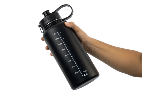 Hydration On-The-Go Reusable Black Water Bottle with Volume Markings Held in Hand for Active Lifestyle