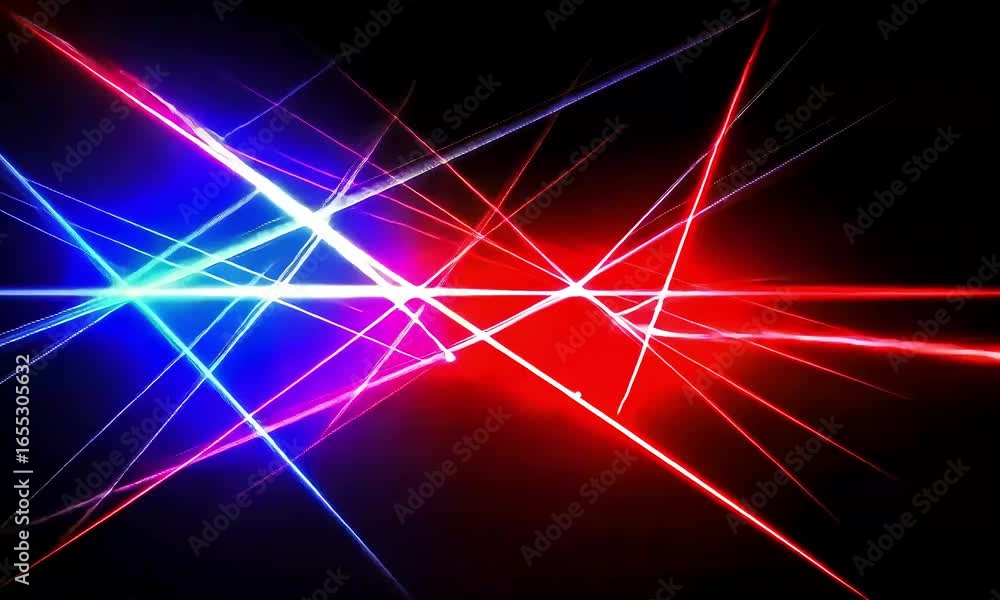 Poster dynamic red and blue laser light beams intersecting and streaking across a dark abstract background.