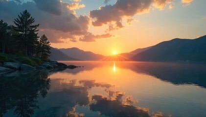 Serene sunrise over a tranquil lake, reflecting the golden light; a peaceful scene evoking feelings of spiritual energy and inner peace , spiritual awakening, sky, contemplation