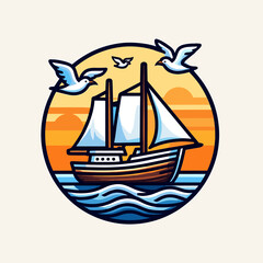 Sailboat sailing on wavy water with seagulls and sunset