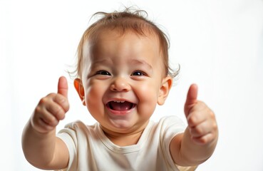 Joyful baby with blonde hair smiles brightly, giving thumbs up. Innocent child expresses happiness, delight, satisfaction. Adorable toddler exhibits positive emotion, enthusiasm, playful charm