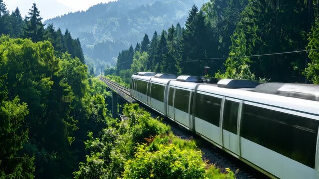 Modern Electric Train Gliding on Railway Tracks through Lush Green Forest Environment in Rural Landscape During Daytime Scenic Travel