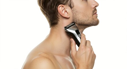 Man shaving his neck with an electric razor against a clean, white background. The razor is silver and black. A close-up shot.