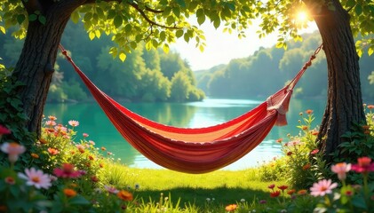 Sun-drenched hammock sways gently in a breeze, surrounded by lush greenery and wildflowers Perfect lazy summer day vibes Escape the everyday Relax and unwind , peaceful, heat, leaves