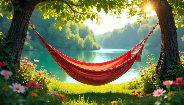 Sun-drenched hammock sways gently in a breeze, surrounded by lush greenery and wildflowers Perfect lazy summer day vibes Escape the everyday Relax and unwind , peaceful, heat, leaves