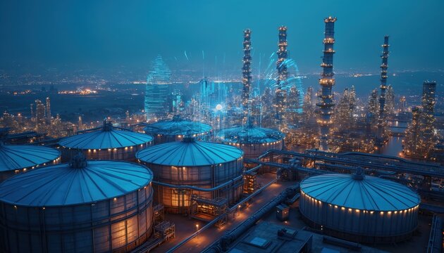 Night aerial view of sprawling oil, gas refinery complex with storage tanks, distillation towers, glowing city lights in background. Advanced data visualization overlays suggest technological