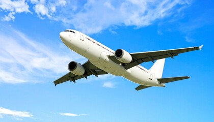 White Airplane Ascending in Bright Blue Sky with Clouds