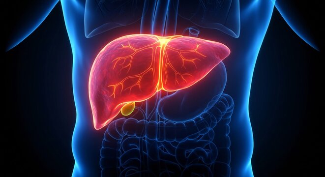 Detailed medical visualization showing the liver, gallbladder and digestive tract within a human torso highlighted in blue.
