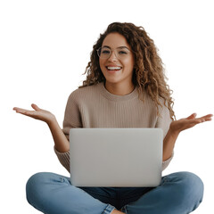 Smiling woman with laptop gesturing enthusiastically, perfect for online learning and remote work inspiration.