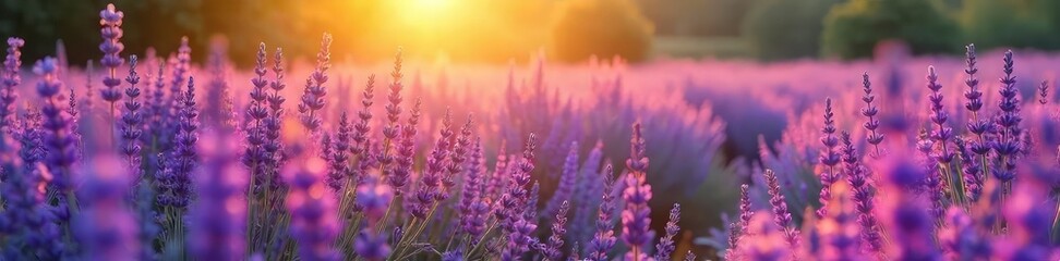 Vast field of purple lavender flowers swaying gently in the breeze, bathed in golden sunlight A picturesque summer scene perfect for relaxation and tranquility , violet, summer, herbs