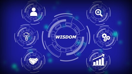 Central circular graphic with the word W I S D O M surrounded by icons representing people ideas teamwork growth and analysis on a blue background