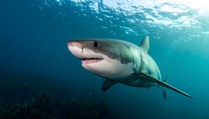 Fototapeta premium A great white shark swims powerfully through a deep blue ocean, its powerful form and sharp teeth on display.