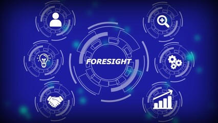 Digital foresight concept with icons for planning and growth on blue background technology