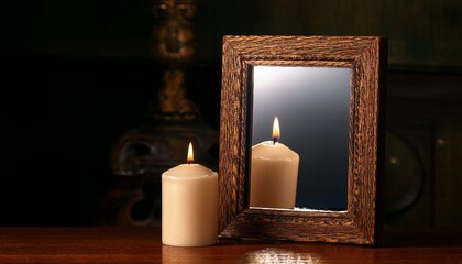 candle illuminating vintage wood frame with mirror reflection