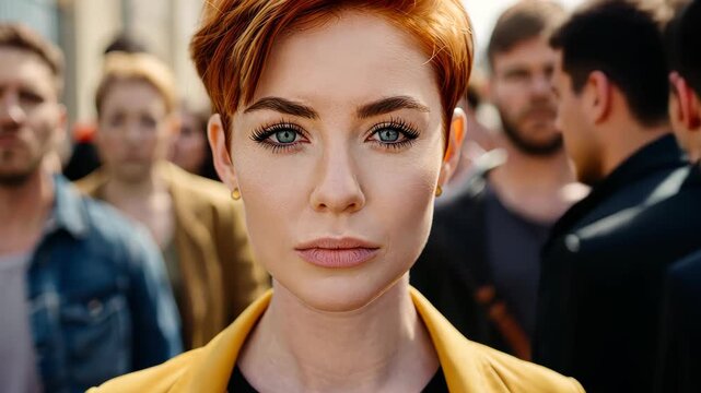 Confident Glance: A bold woman, radiating self-assurance, gazes directly at the viewer amidst a crowd of people. The image evokes a sense of courage and individual strength.