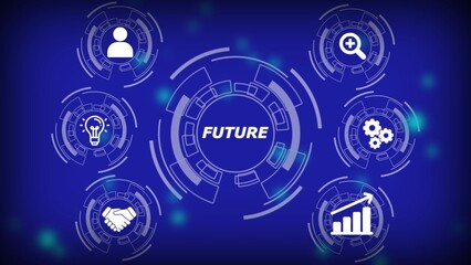 Futuristic digital interface with icons for business and technology concepts on a blue background future