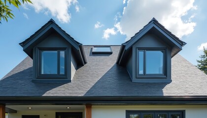 Modern dark grey house roof with dormer windows and skylight under blue sky with clouds. Asphalt shingles, geometric pattern, clean architecture, residential construction detail.
