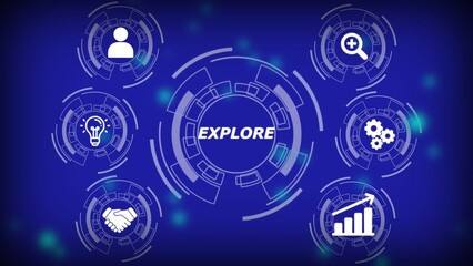 Digital concept with central word E X P L O R E surrounded by icons for business growth and human resources