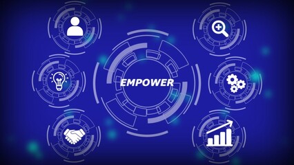 Digital network with icons for empowerment and business growth on blue background technology