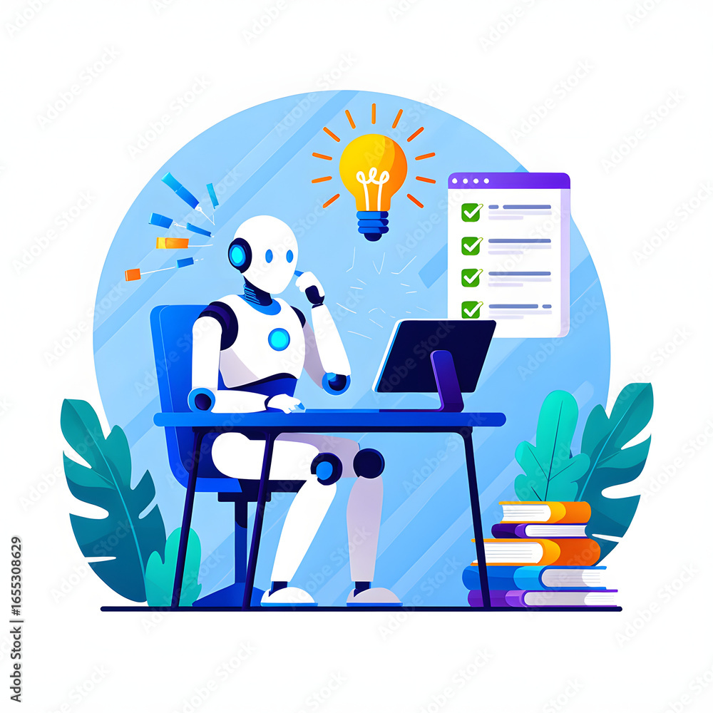 Poster illustration graphics in flat design style. artificial intelligence at work. light bulb with an idea