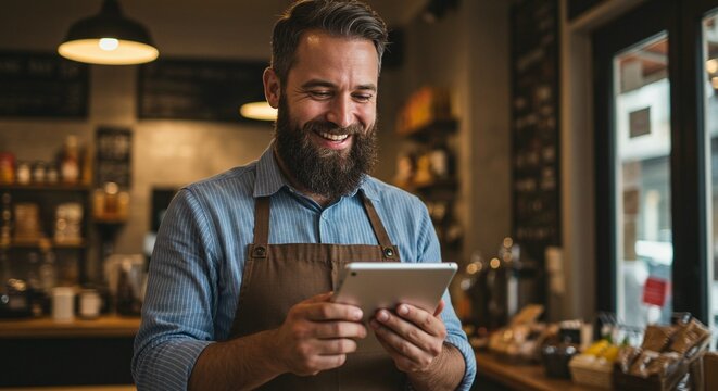 Happy barista checks orders on tablet in his shop. He wears an apron and a light blue striped shirt while working in his food service business. - Powered by Adobe