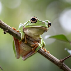 Naklejka premium Javan tree frog on aitting on branch, flying frog on branch, tree frog on branch