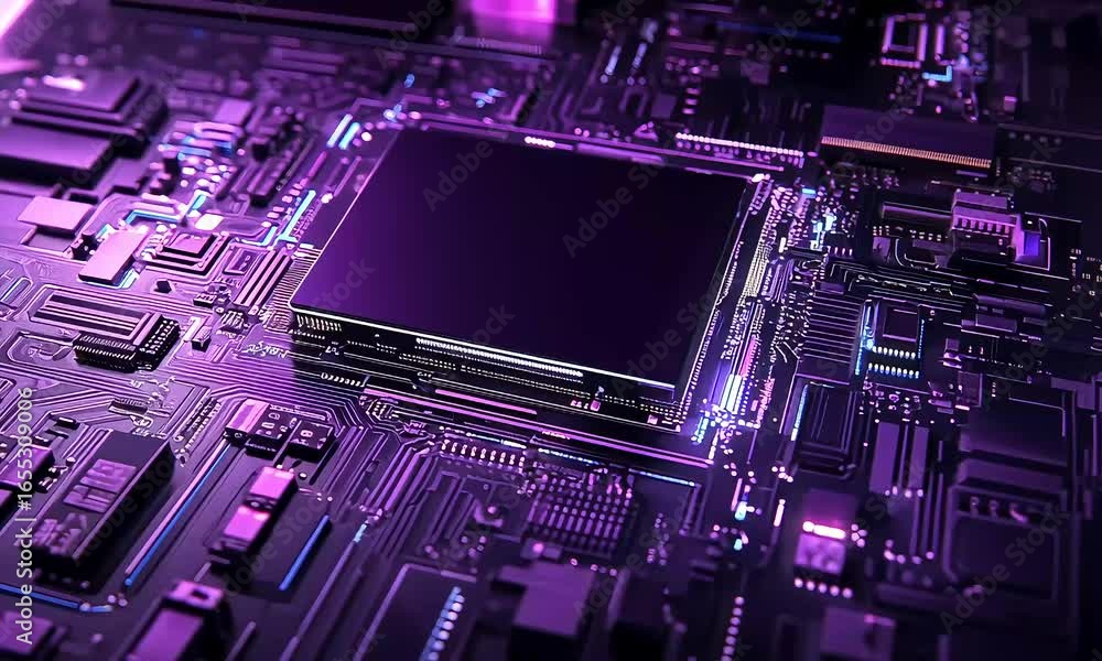 Poster futuristic purple circuit board macro digital data flow and technology innovation.