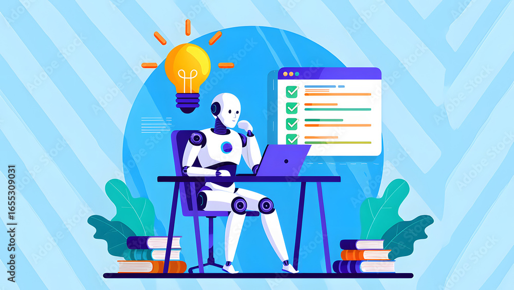 Fototapete illustration graphics in flat design style. artificial intelligence at work. light bulb with an idea